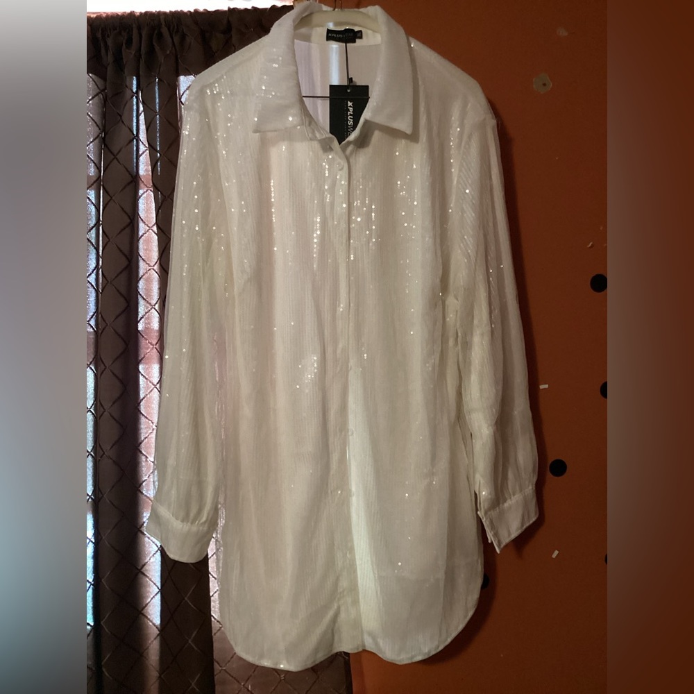 White sequin shirt dress